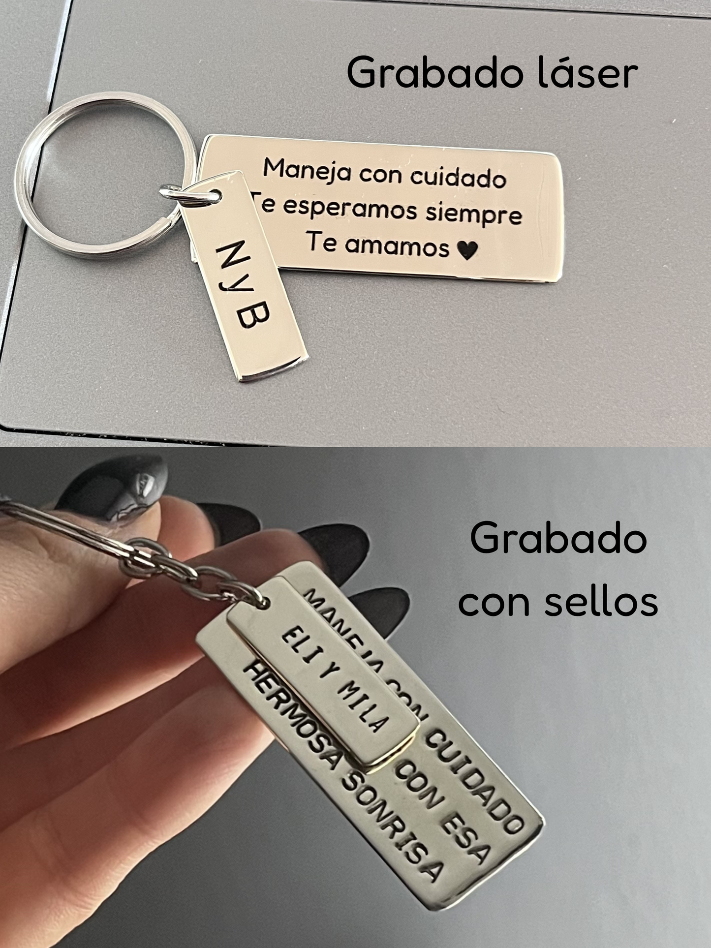 Llavero ancho de alpaca con dije